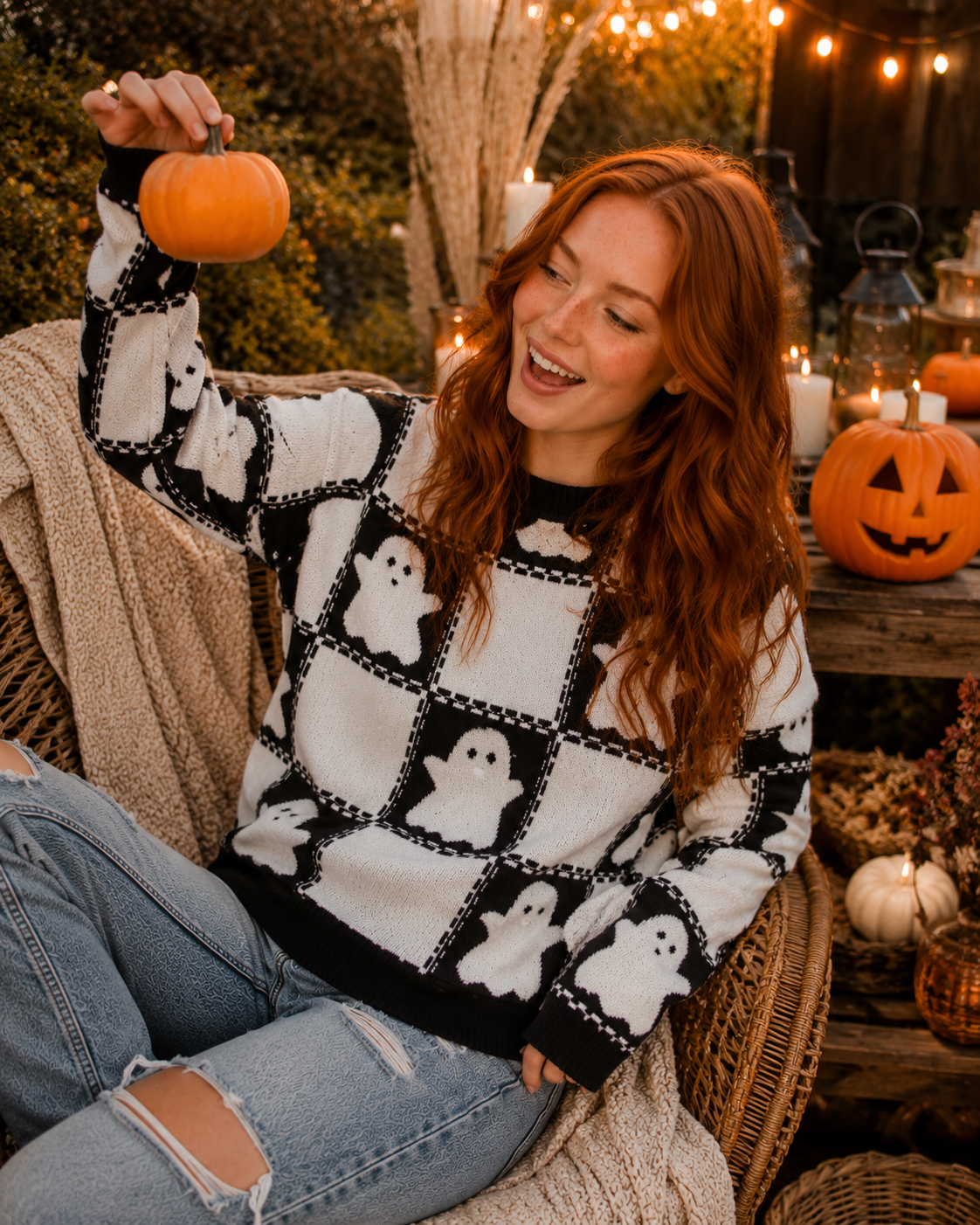 A woman with long red hair sits in a wicker chair wearing a black and white Halloween sweater with a ghost pattern, holding a small orange pumpkin. The background is a cozy outdoor patio decorated with candles, string lights, and jack-o'-lanterns.