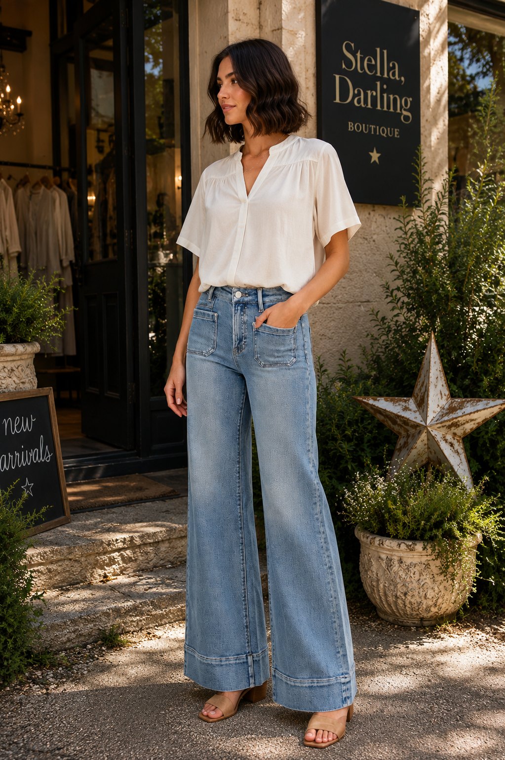 RISEN High Rise Wide Flare Patch Pocket Jeans