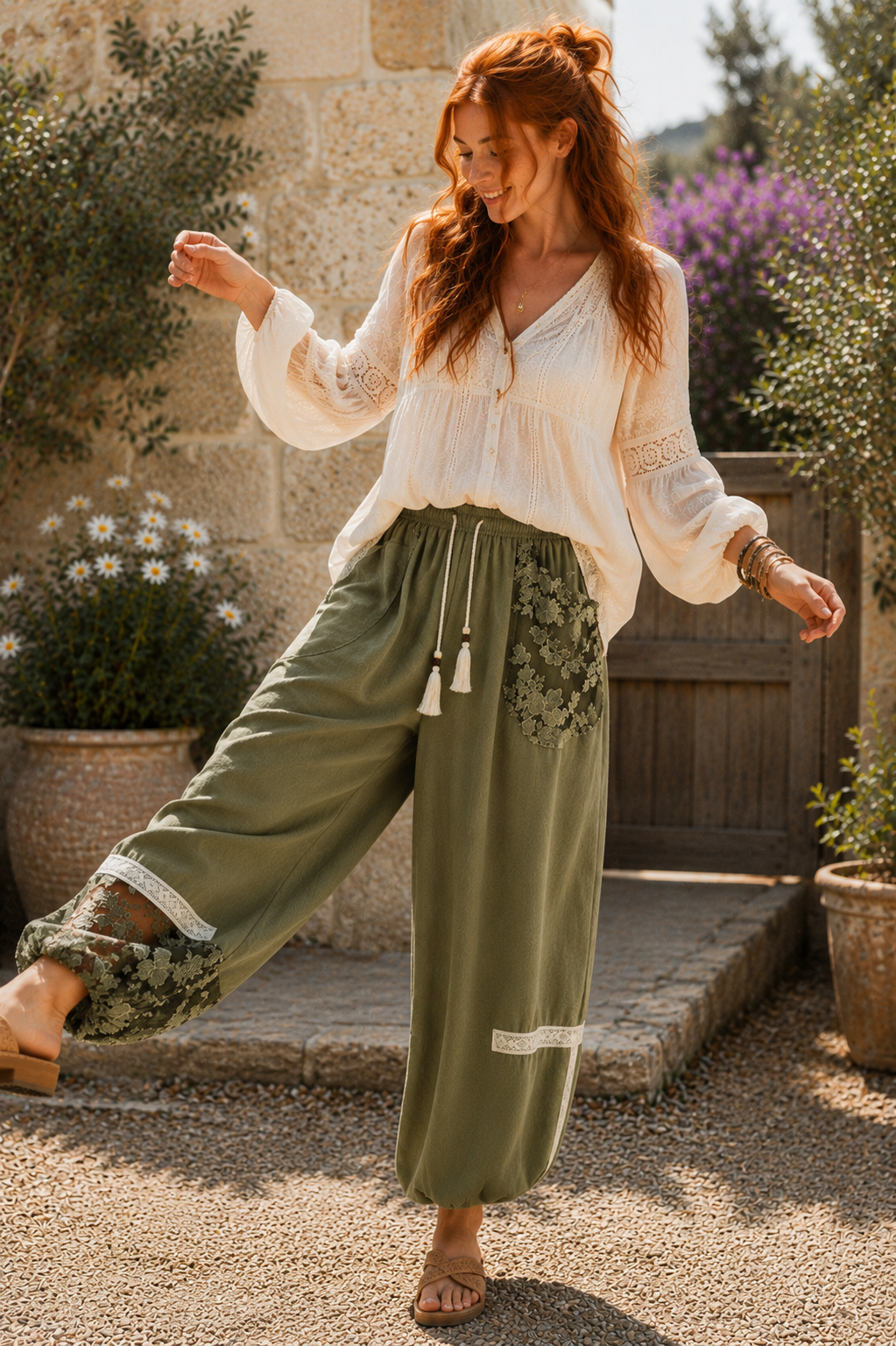 Lace Detail Drawstring Harem Pants