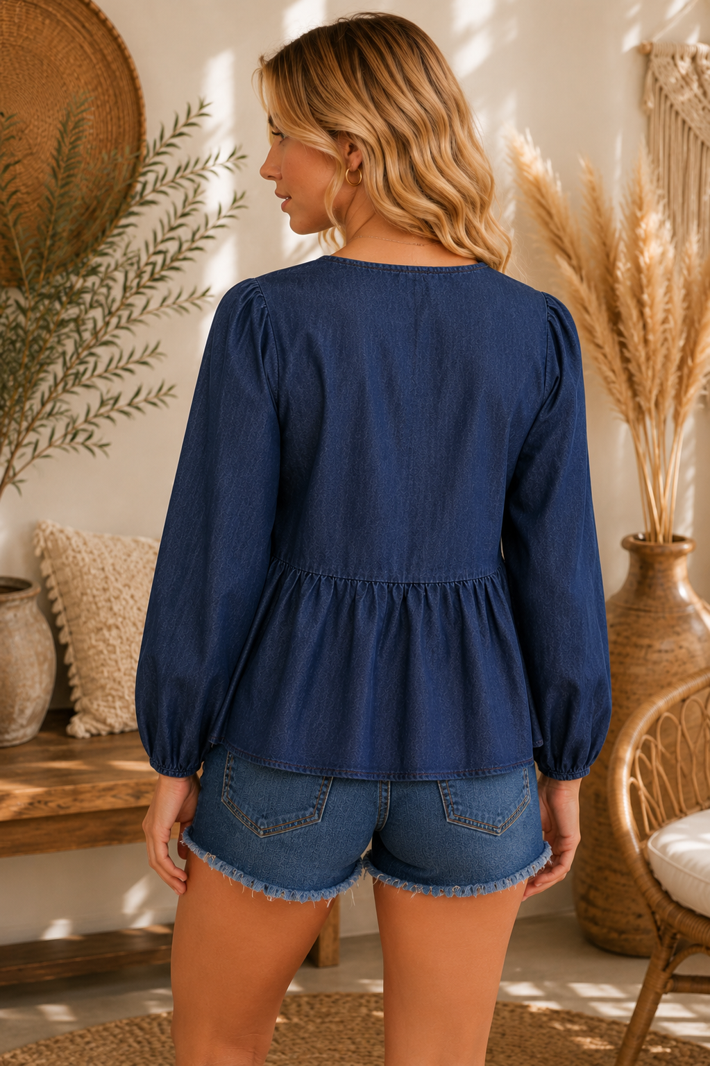 Tie Front Long Sleeve Denim Top