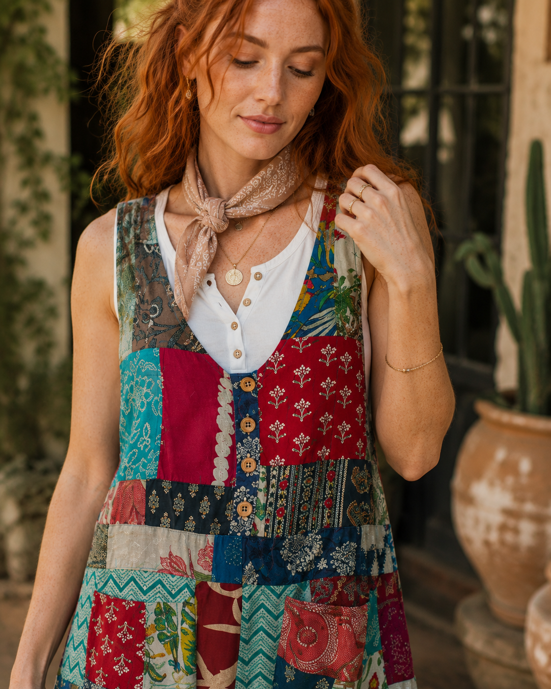 A woman wearing a sleeveless patchwork dress with a white henley-style button placket over a colorful patchwork fabric body, styled with a beige scarf and gold jewelry in an outdoor patio setting.