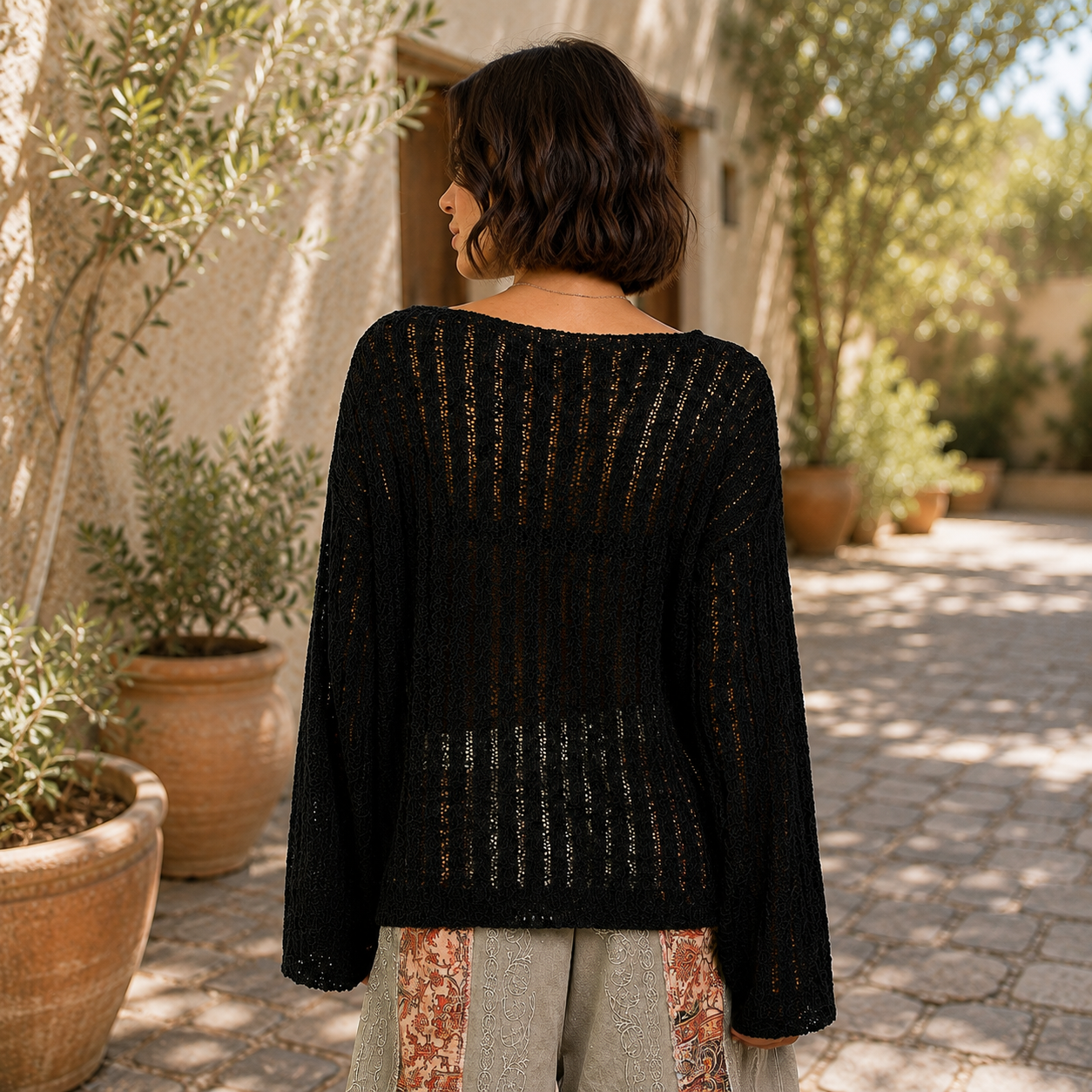POL Round Neck Long Sleeve Open Weave Sweater