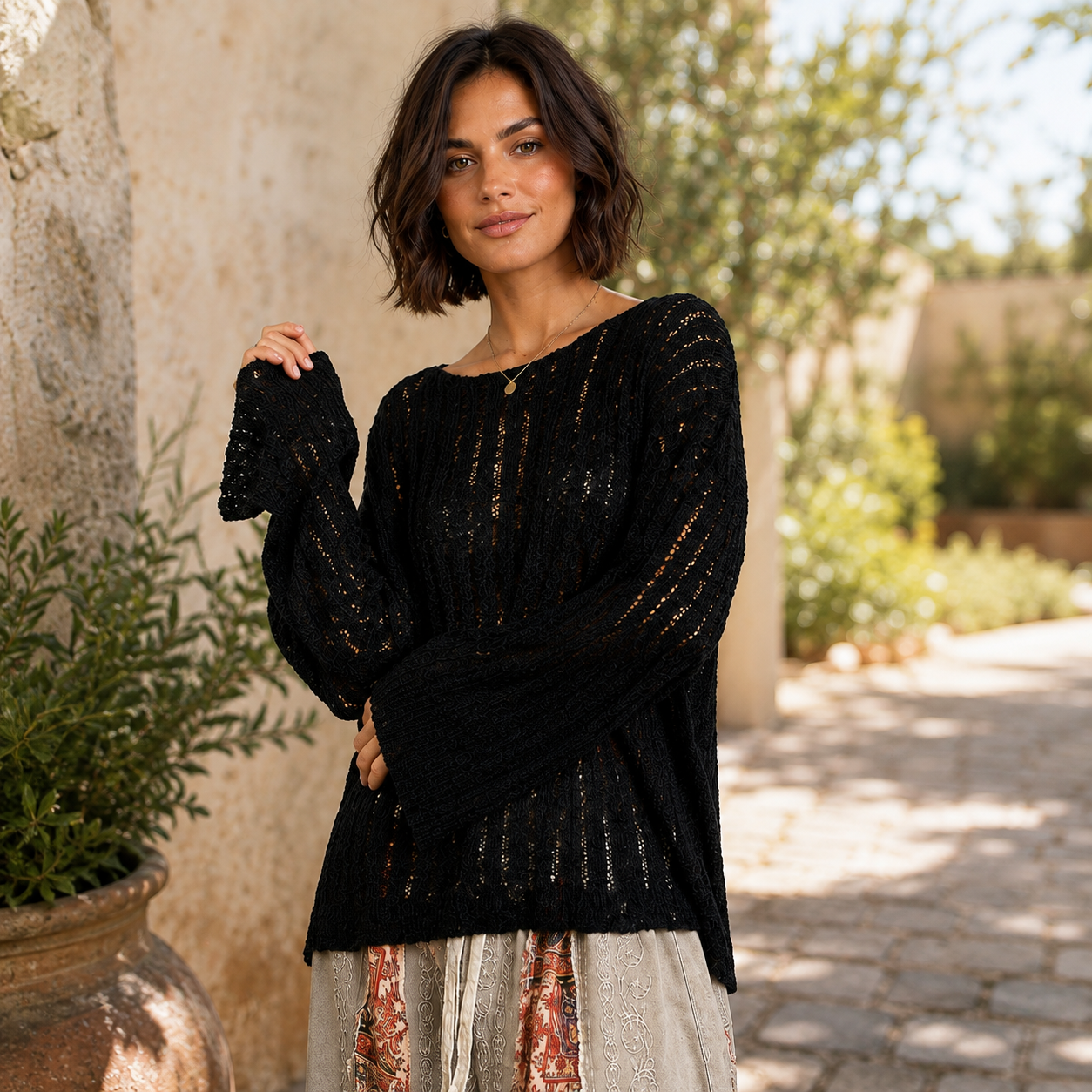 POL Round Neck Long Sleeve Open Weave Sweater
