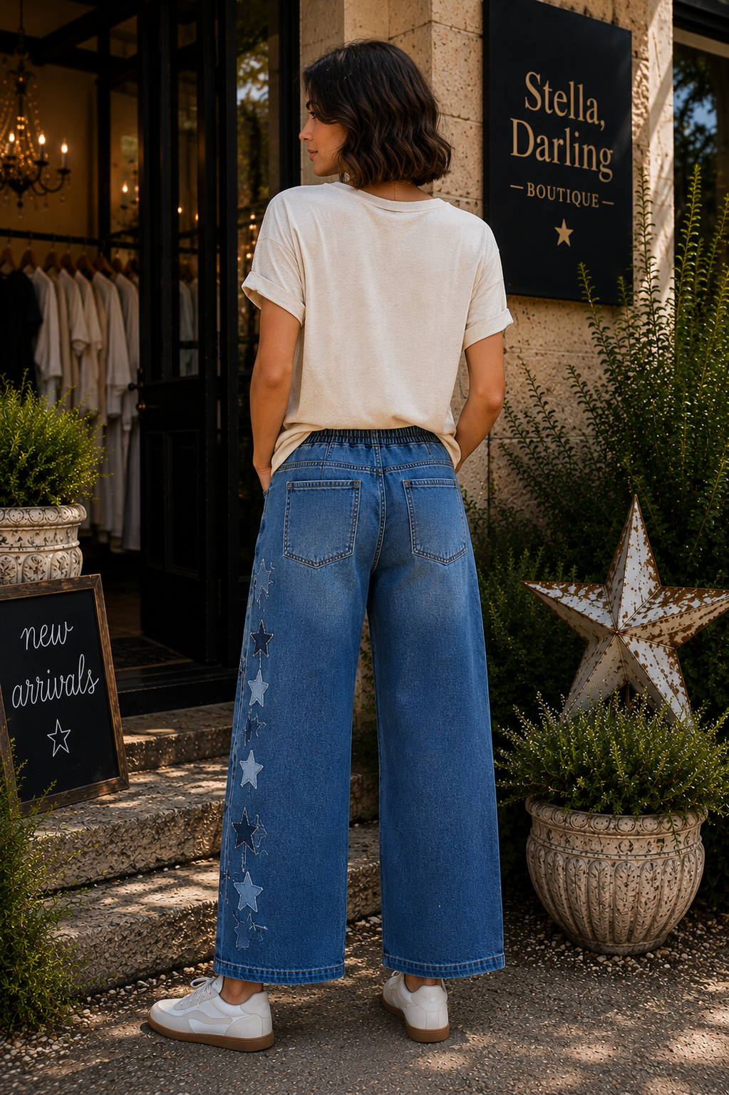 RISEN Elastic Band Slouchy Cropped Barrel with Star Patch