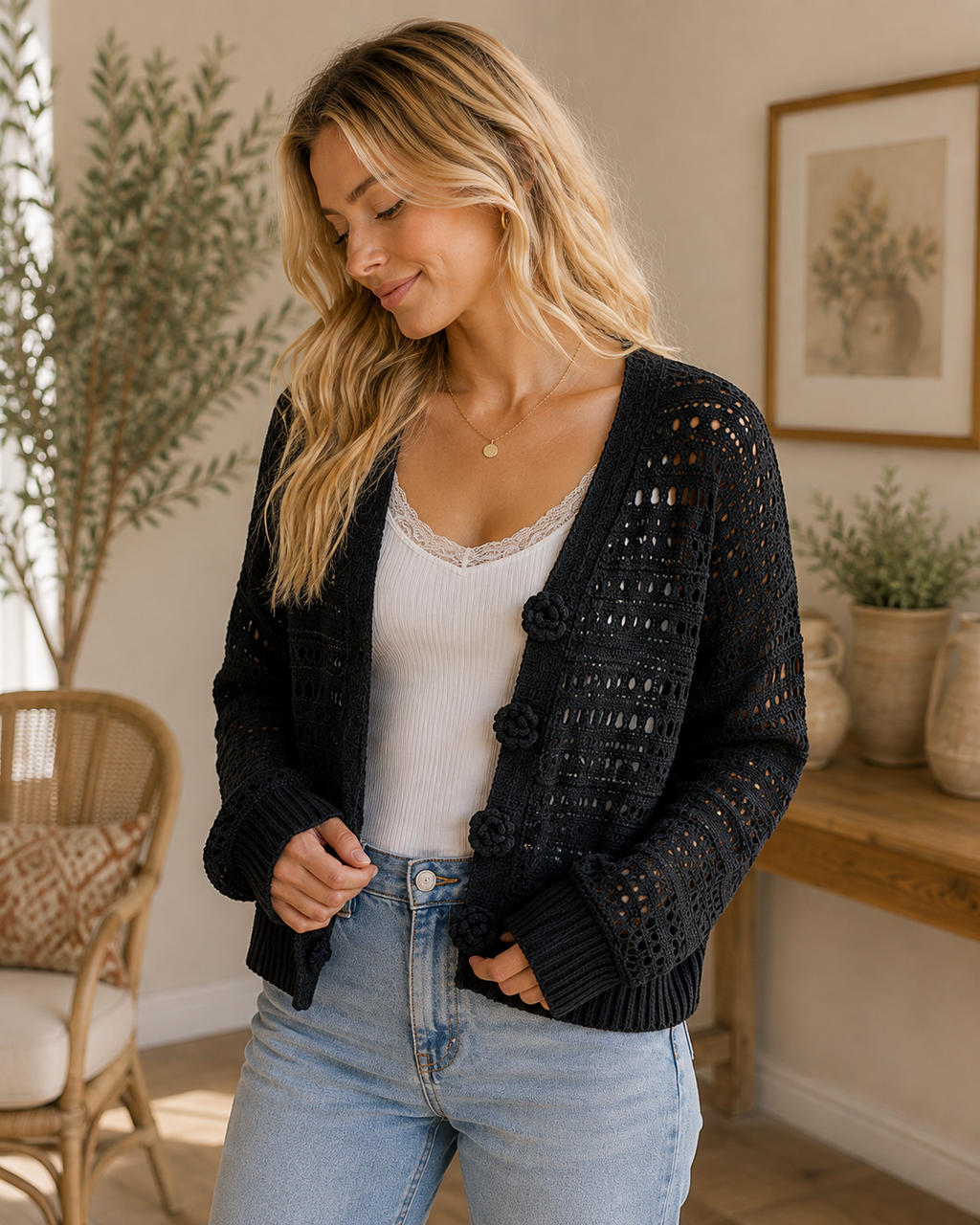 POL Midnight Bloom Crochet Cardigan