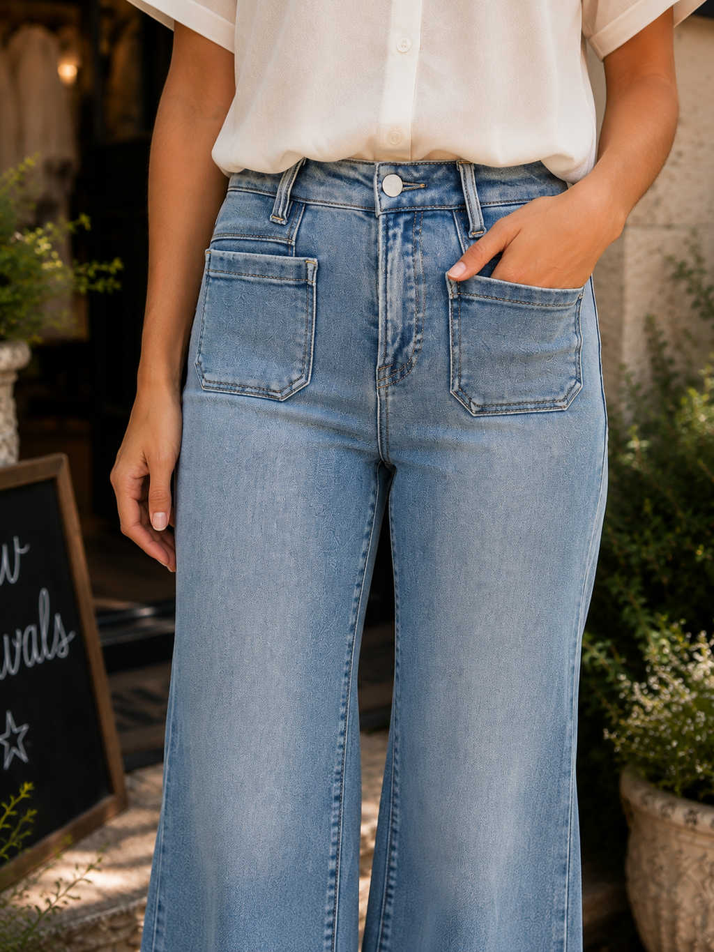RISEN High Rise Wide Flare Patch Pocket Jeans
