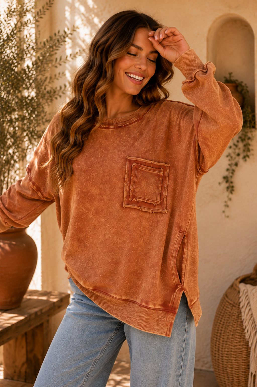 Zenana Acid Wash Raw Edge French Terry Sweatshirt with Front Pocket