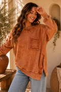 Zenana Acid Wash Raw Edge French Terry Sweatshirt with Front Pocket
