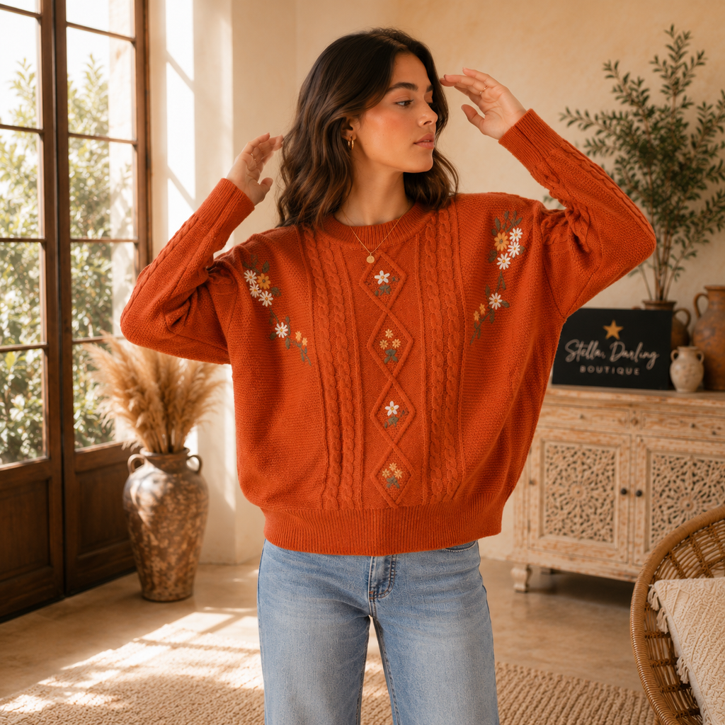 Embroidered Flower Cable Knitted Sweater