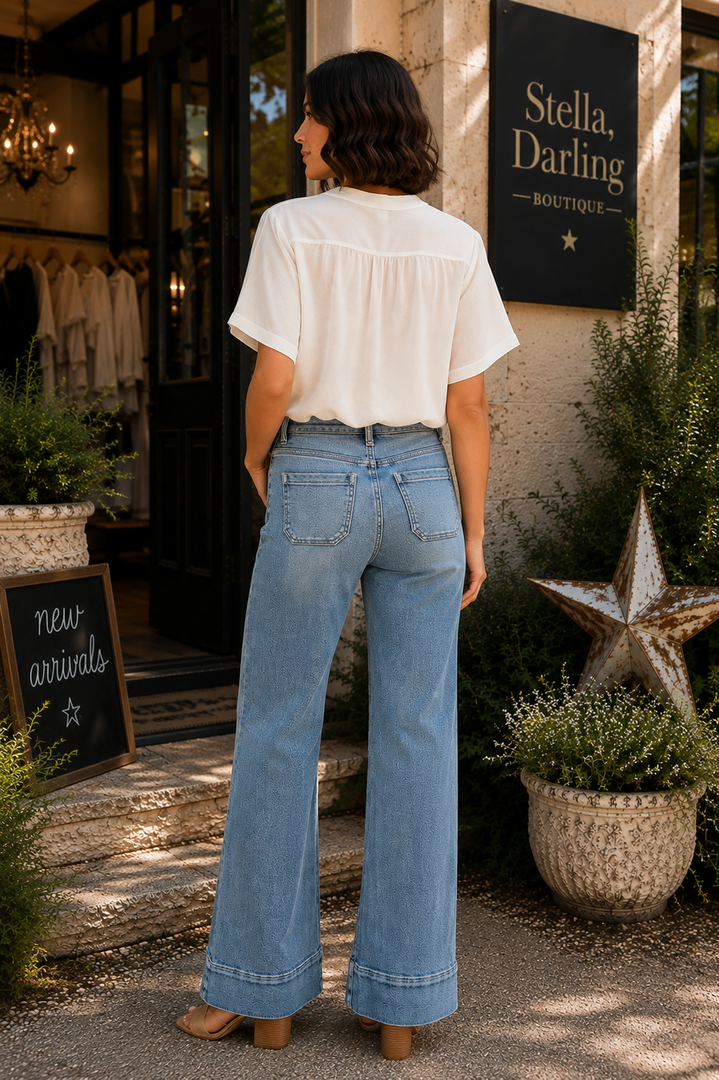 RISEN High Rise Wide Flare Patch Pocket Jeans