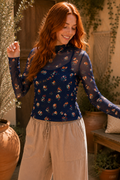 Polka Dot Floral Mesh Long Sleeve High Neck Pullover Sheath Top