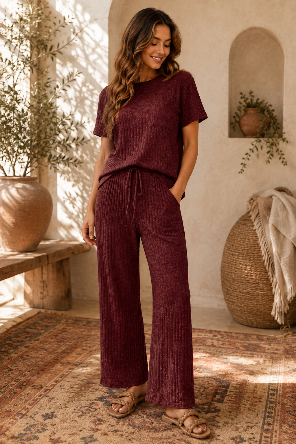 Ribbed Knit Short Sleeve Top and Pants Lounge Set