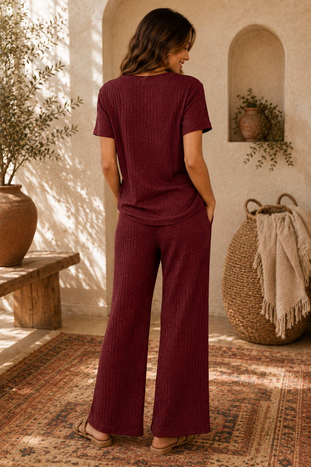 Ribbed Knit Short Sleeve Top and Pants Lounge Set