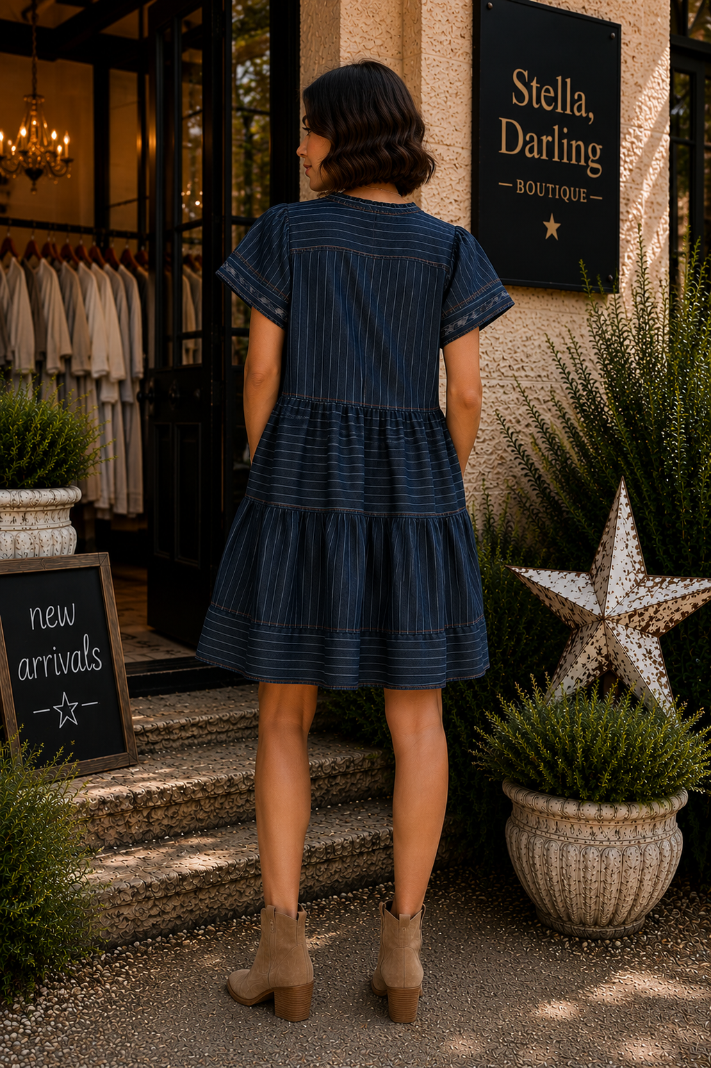 Chambray Tiered Babydoll Dress