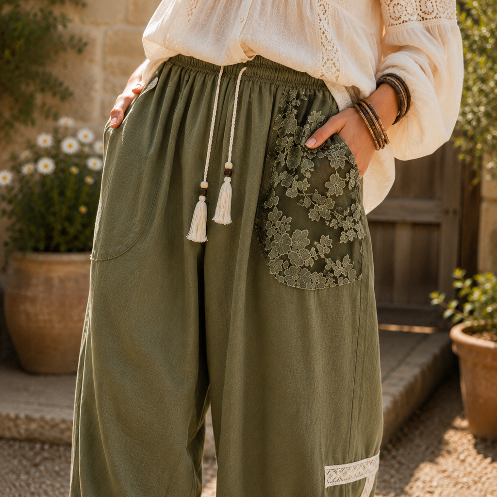Lace Detail Drawstring Harem Pants