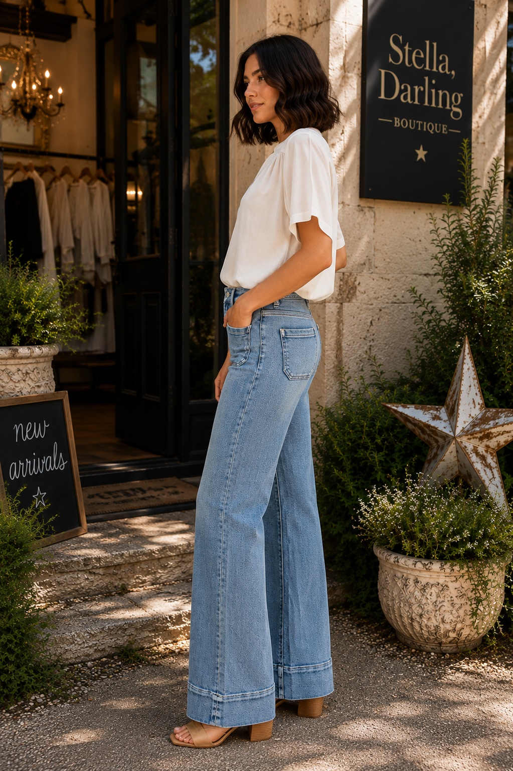 RISEN High Rise Wide Flare Patch Pocket Jeans