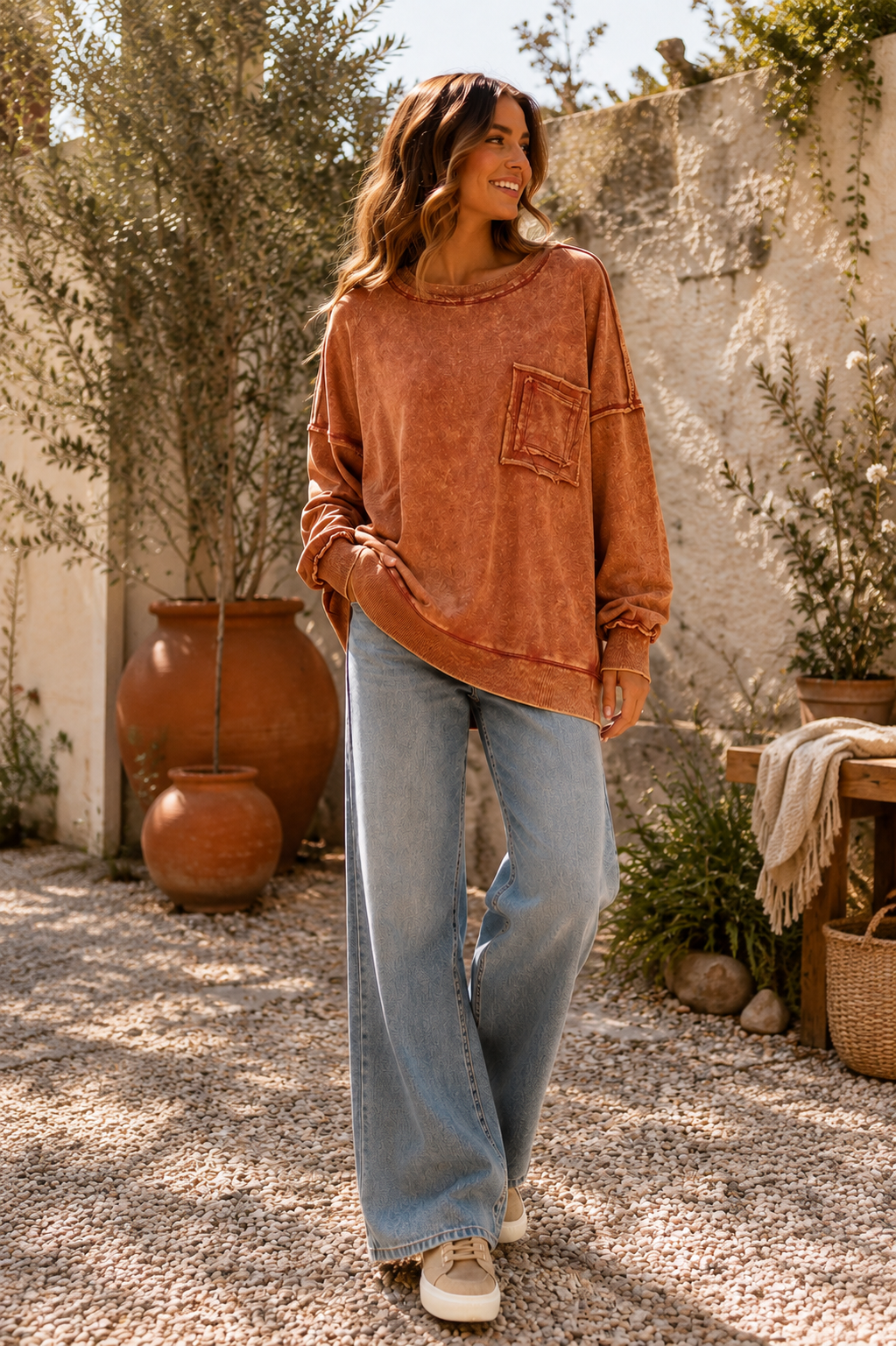 Zenana Acid Wash Raw Edge French Terry Sweatshirt with Front Pocket