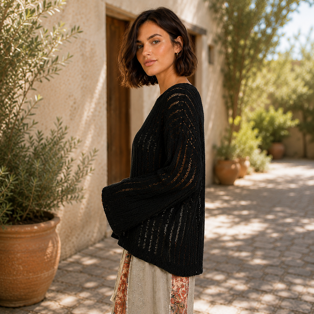 POL Round Neck Long Sleeve Open Weave Sweater