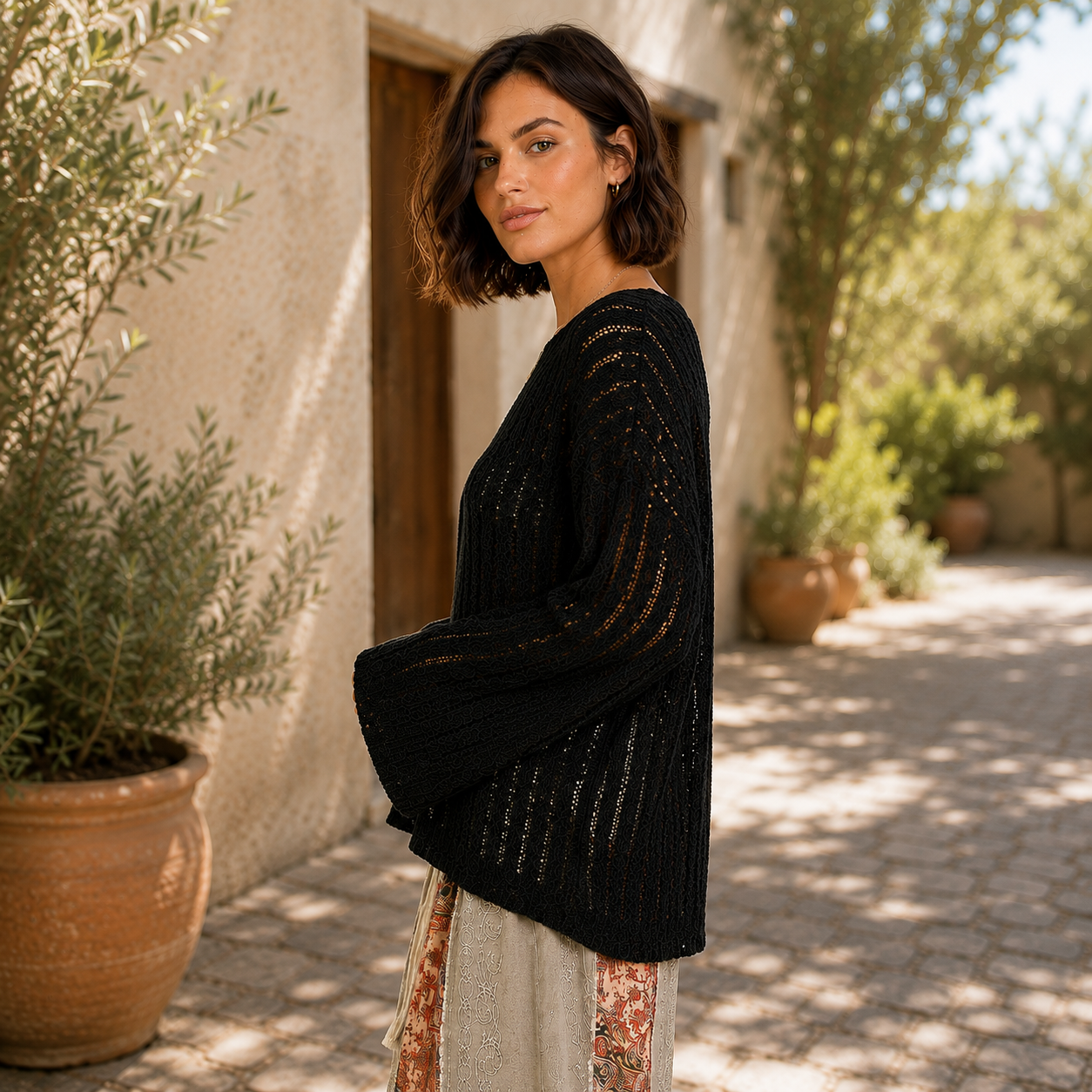 POL Round Neck Long Sleeve Open Weave Sweater