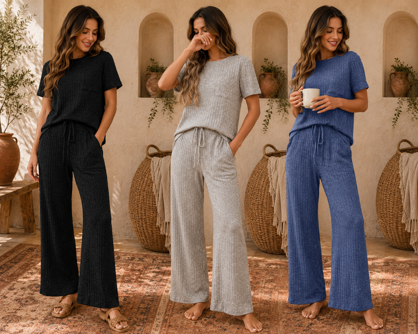 Ribbed Knit Short Sleeve Top and Pants Lounge Set