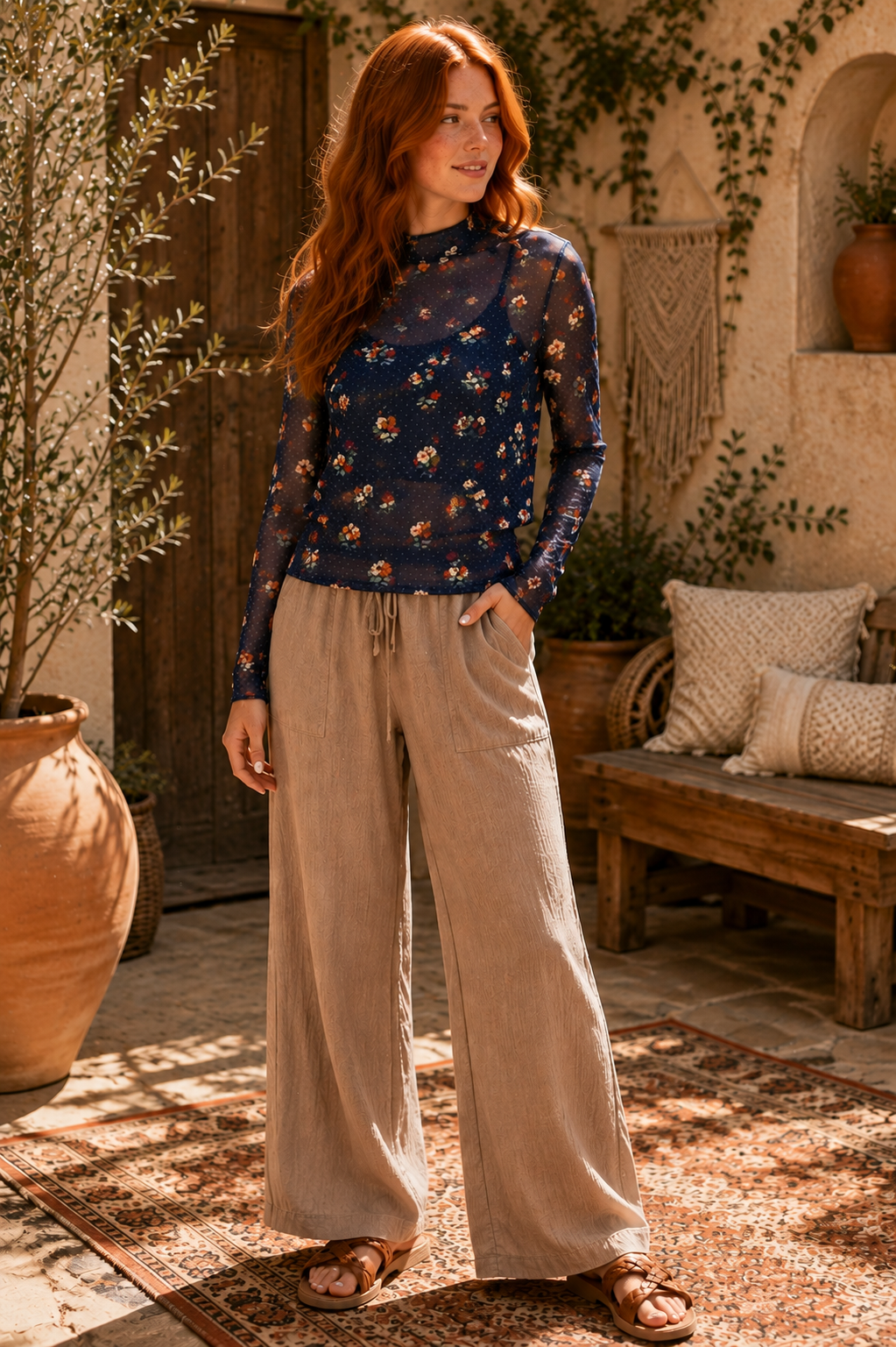 Polka Dot Floral Mesh Long Sleeve High Neck Pullover Sheath Top
