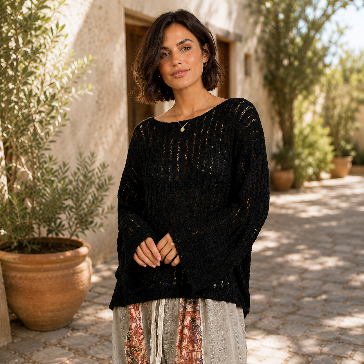 POL Round Neck Long Sleeve Open Weave Sweater