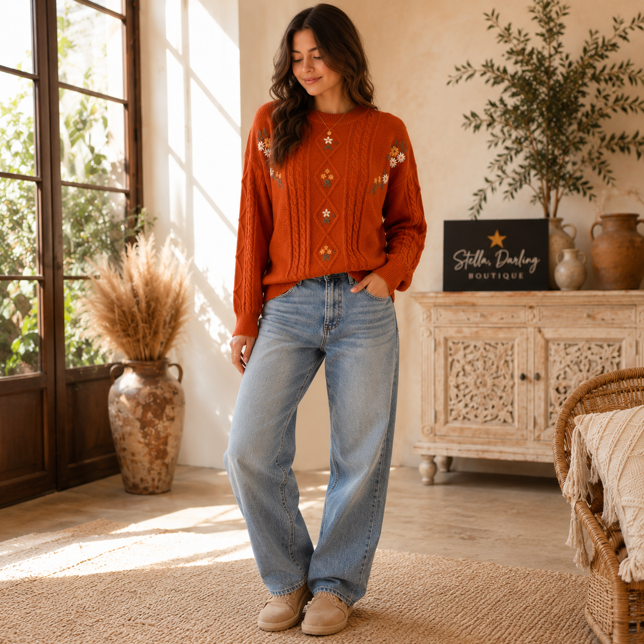 Embroidered Flower Cable Knitted Sweater