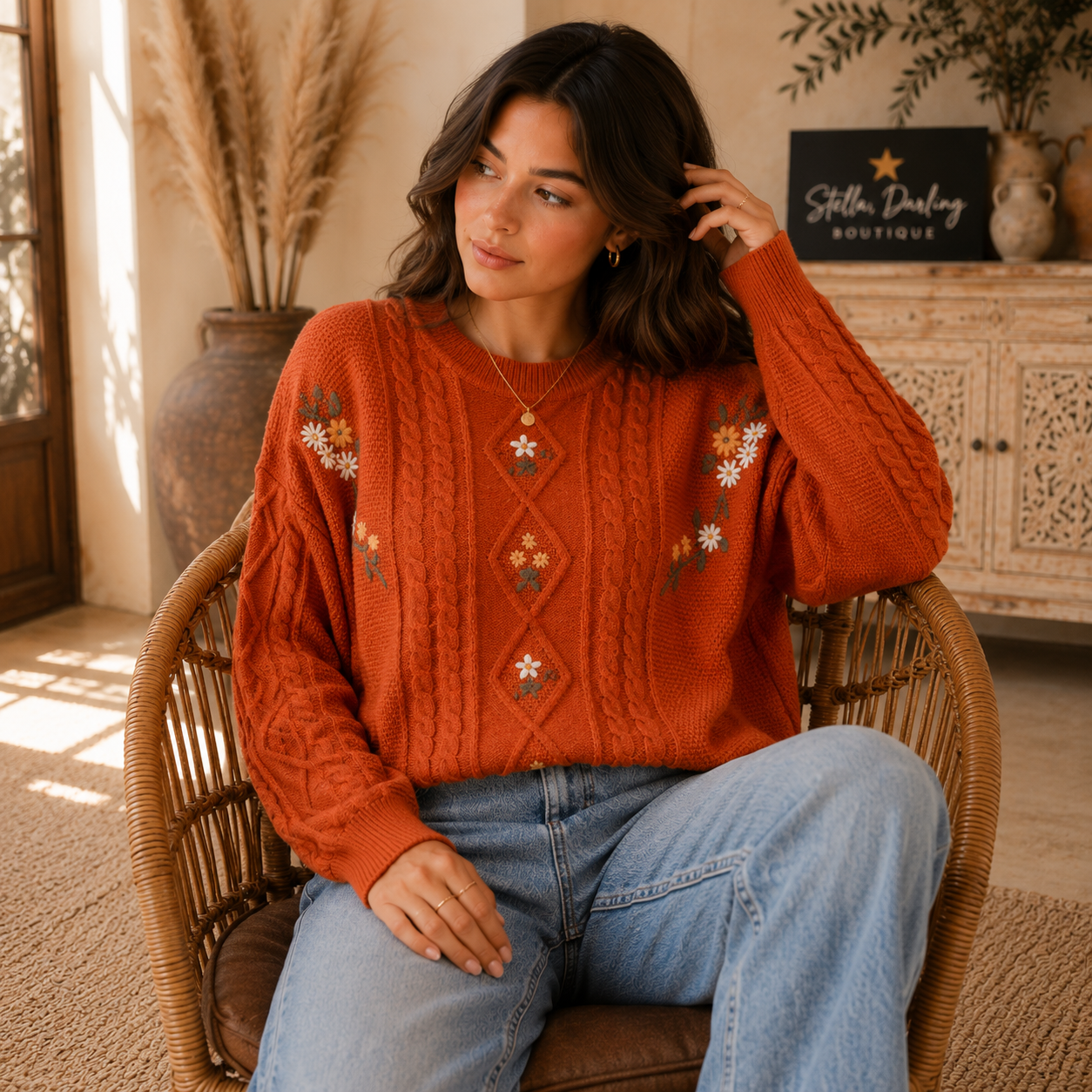 Embroidered Flower Cable Knitted Sweater