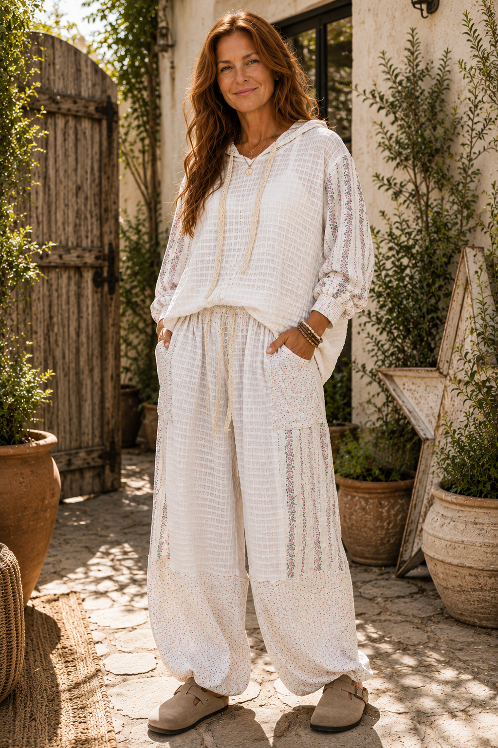 POL Patchwork Mixed Knit Wide Leg Pants