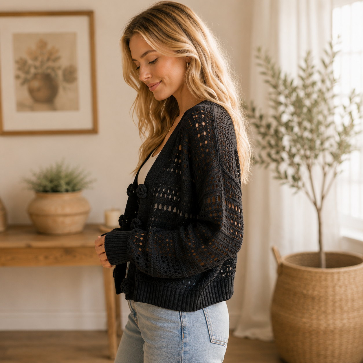 POL Midnight Bloom Crochet Cardigan